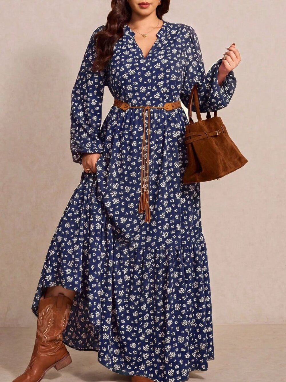 Navy Blue Boho Women's Floral V-Neck Lantern Sleeve Dress